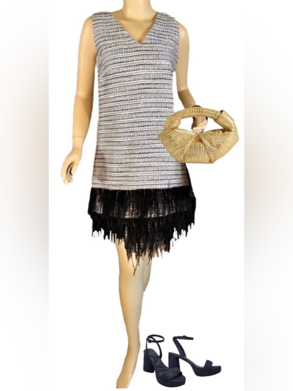 STS SAIL TO SABLE TWEED METALLIC SHIFT DRESS WITH FEATHER TRIM HEM ACCENT (8)